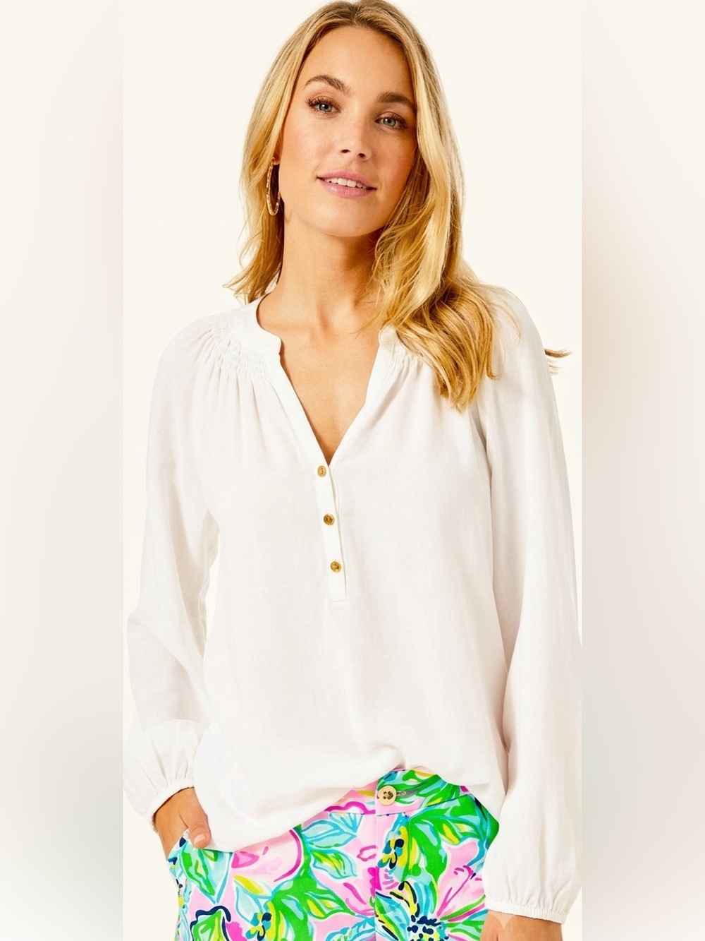 Lilly Pulitzer Elsa XL 100% silk resort White Smocked Yoke Peasant Blou
